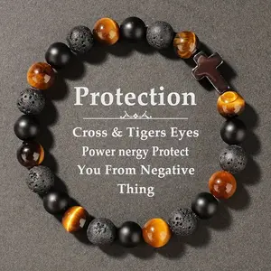 1Pcs Men's Vintage Natural Tiger Eye and Black Bead Bracelet with Cross Pendant - Daily Wear Protective Synthetic Jewelry, Gift for Him, Boyfriend, Friend