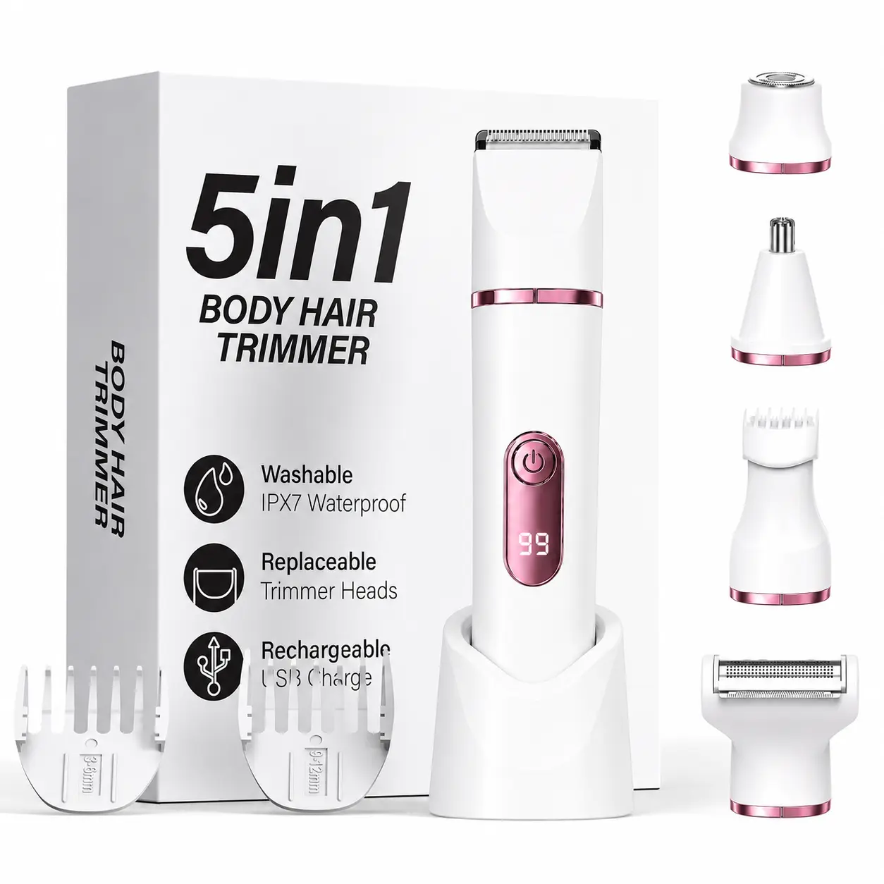Women's 5-in-1 Complete Body Grooming Kit - IPX7 Waterproof Wireless Hair Trimmer, 3-9 mm Trimming Combs, Digital Display, Replaceable Ceramic Blades, USB-C Charging Dock - for Groin, Bikini Area, Waterproof Hair Trimmer travel-friendly gift rechargeable