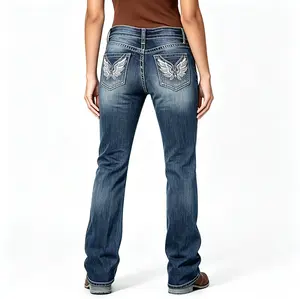Women's Slim-Fit Tummy Tuck Bootcut Jeans, Womenswear Bottom Wing Embroidered Bootcut Jeans ，Low Rise Vintage Wash Denim