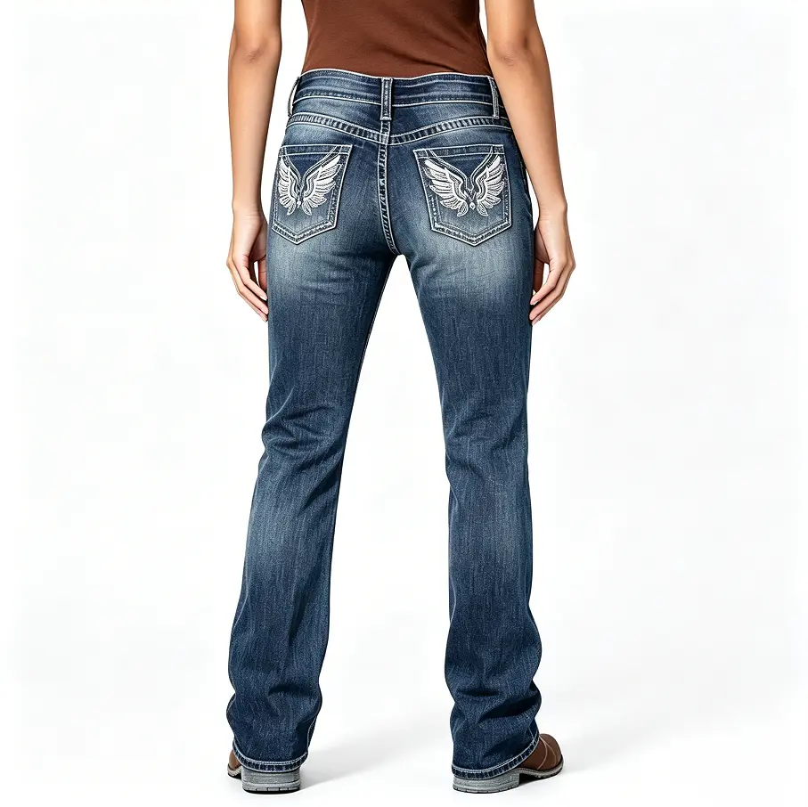 Women's Slim-Fit Tummy Tuck Bootcut Jeans, Womenswear Bottom Wing Embroidered Bootcut Jeans ，Low Rise Vintage Wash Denim