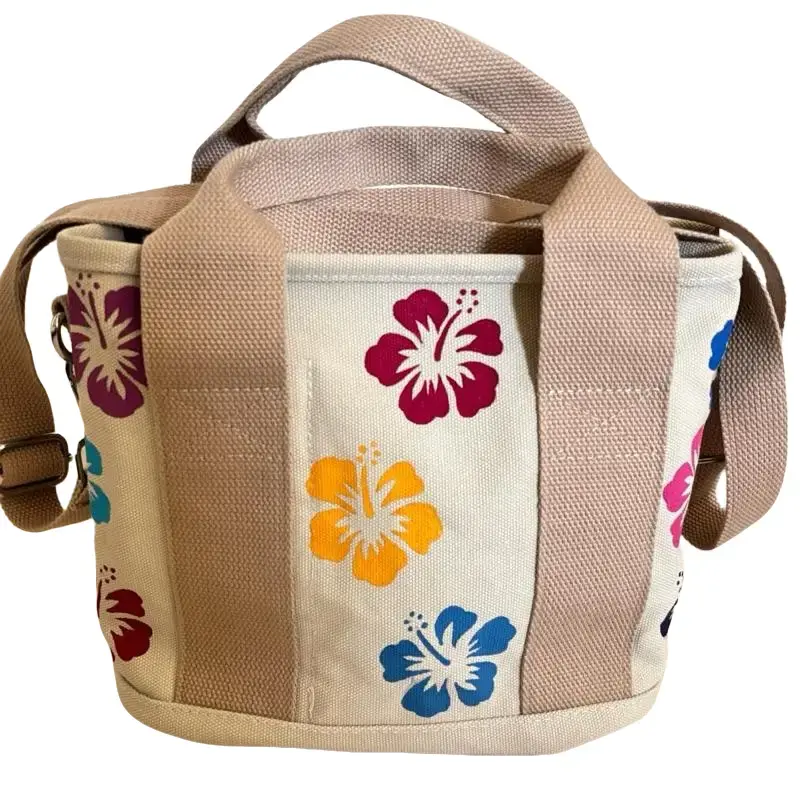 Canvas Tote Bag with Zipper & Multi-Pockets - Adjustable & Detachable Handle - Hand Painted Hibiscus Design - Crossbody Purse