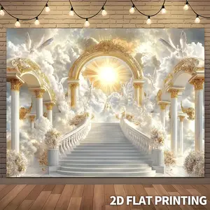 2D Flat, 1pc Heavenly Stairway to Heaven Angel Clouds Golden Gate Religious Theme Background Cloth, 179.83×229.87cm, Party Banner, Dreamy Elegant Wedding Ceremony Photography Studio Photo Shoot Online Meeting