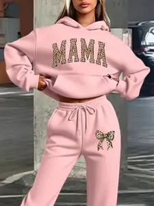 Women's Hooded Sweatshirt, Leopard Print Letter & Bow Knot Design, Fall Winter Casual Wear, Comfort Fit, Casual Fashion Set