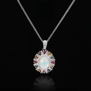 S925 sterling silver Opal pendant ,with Tourmaline and white zircon, high quality setting, Glod-Plated Elegant and Luxurious for Women, Girl friend, Brides, Grils as Wedding&Birthday Gift, Perfect for Daily Wear and Party, Valentine's Day Gift