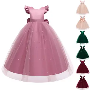 Pink Kids Clothes Bow Princess Beading Long Ball Gown Frock 278 Children Formal Evening Party Pageant Prom Host Cocktail Dress Flower Girls 4-14Y