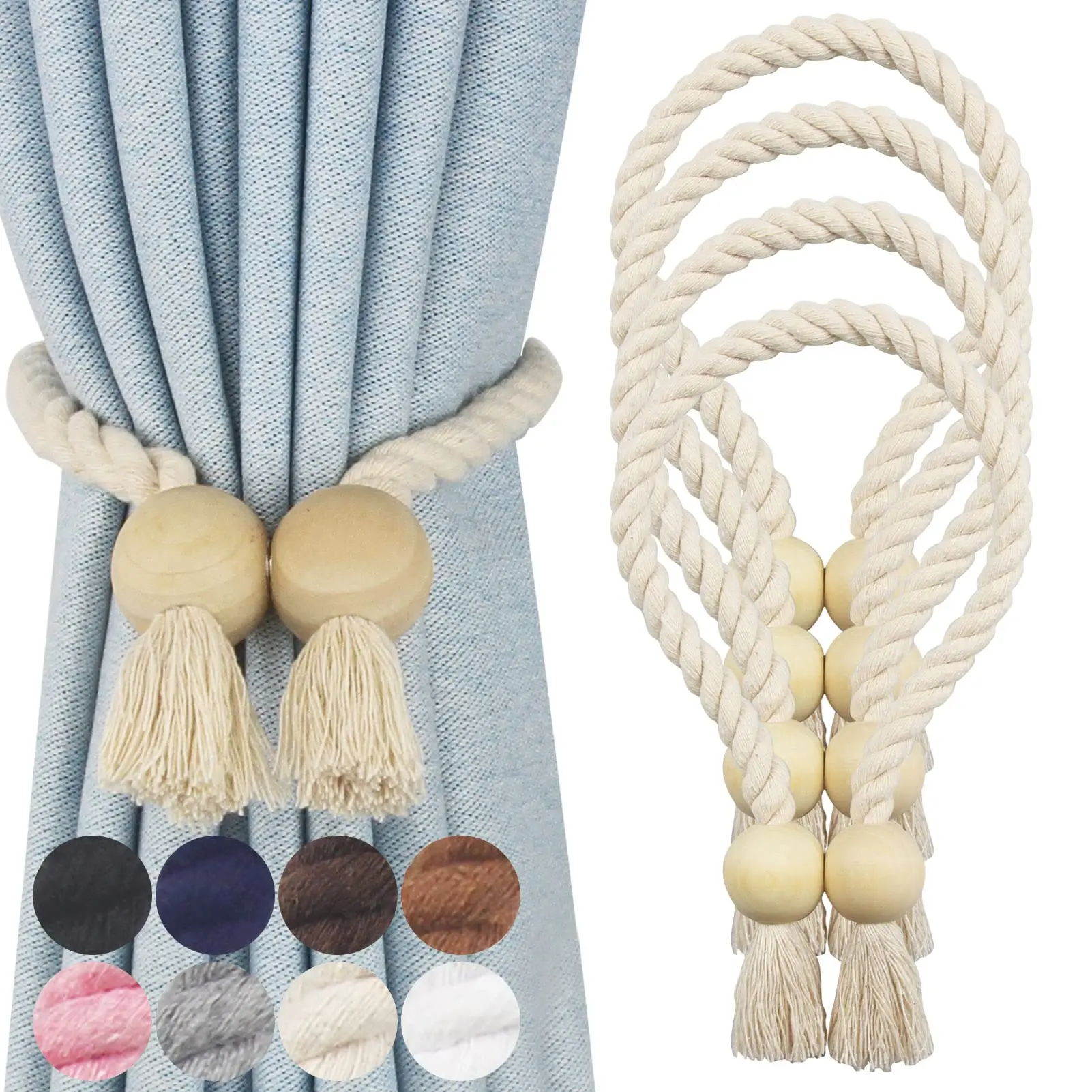 4 Pcs Magnetic Wooden Beads Curtain Tiebacks Set,Hand Woven Cotton Rope Curtain Holdbacks with Strong Magnet & Tassel,Boho Drapery Tie Backs for Windows,Halloween Christmas Fathersdaygift,Hand Tools Kits