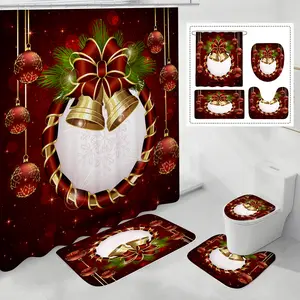 4-Piece Christmas Bell Ribbon Shower Curtain Set, Including Christmas Shower Curtain, Rug, Toilet Seat Cover and Bath Mat, for Bathroom Decoration