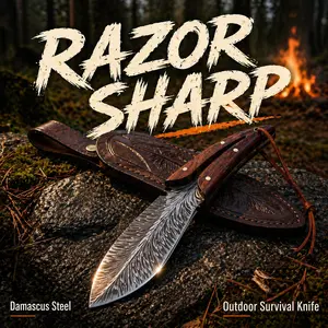 Portable Survival Knife (Wooden Handle with Leather Sheath) — Feather-Pattern Full-Tang Blade | Ideal for Game Processing & Wilderness Survival | A Perfect Hunting Gift for Men