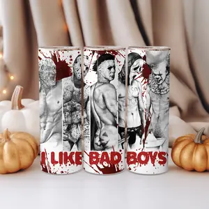 “I Like Bad Boys” Horror Villains Tumbler – Funny 20oz Metal Cup Featuring Freddy, Jason, Michael, Ghostface & Pennywise – Halloween Gift for Horror Fans