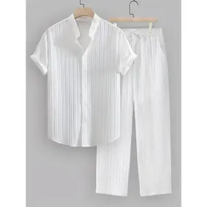 2pcs Men's Summer Casual Striped Polyester Outfit Set, Short Sleeve Stand Collar Shirt and Drawstring Pants, Non-Stretch Woven Fabric, Regular Fit for Daily Wear and Beach Vacation, Plain Color, Beach Vacation(Sheets)
