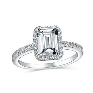 Timeless 3CT Halo Emerald Cut Engagement Ring with CZ and Sterling Silver Band