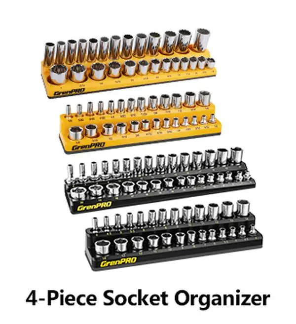 GrenPRO Magnetic Socket Organizer, 4-Pack (108 Slots) & 2-Pack (52 Slots), 160 Total SAE/Metric Slots. Heavy Duty Black/Yellow Tray for 1/4" & 3/8" Drive Sockets. Perfect Father's Day Gift for Any DIY Dad.