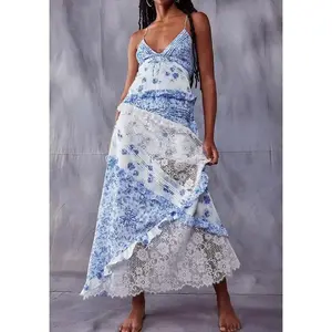 Women Summer Sleeveless Dress Casual Floral Print Lace Patchwork Backless Ruffles Party Dress for Beach Streetwear Fashion Polyester
