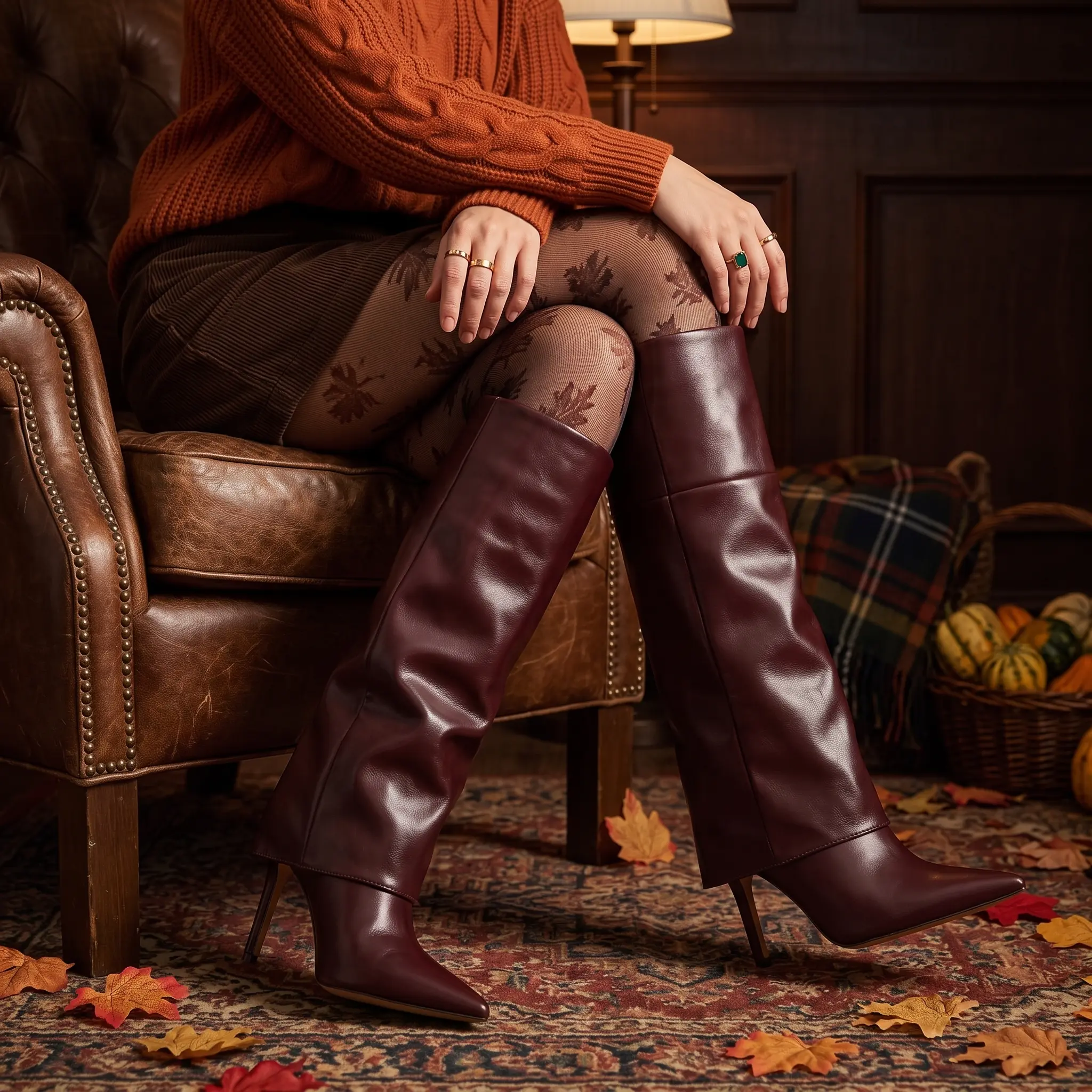 Fold Over Boots For Women Slouchy Knee High Pointed Toe Stiletto High Heel Wide Calf Pull On Fall Boots Fall Fashion Party Festival Work Trendy Dress Shoes Spring Summer Gifts