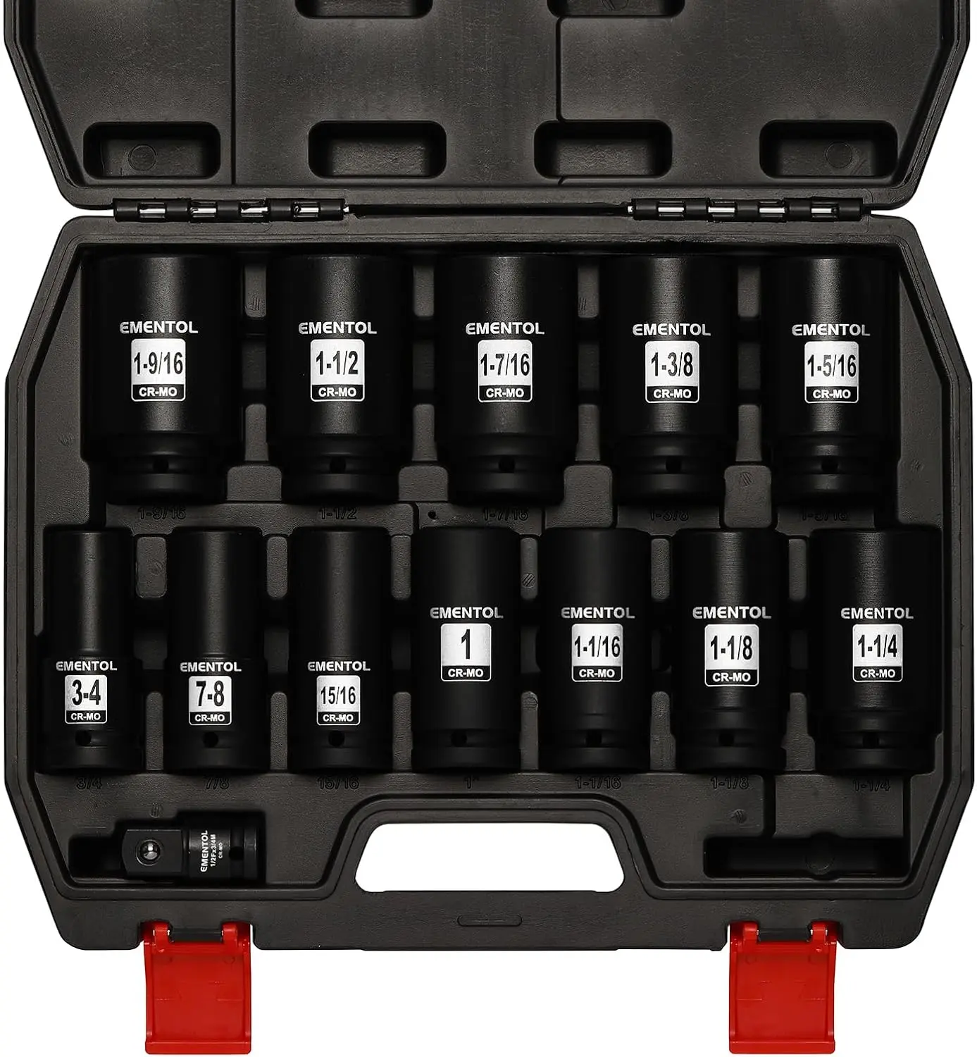 13PCS 3/4"Dr. Deep Impact Socket Set, SAE, CR-MO, 13 Pieces 3/4-Inch Drive Jumbo Sockets, 3/4" to 1-9/16", 1/2"F to 3/4"M Adapter