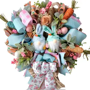 16 Inch Easter Mesh Deco Bunny Wreath with Eggs and Carrots for Front Door, Spring Pink and Blue Ribbon Easter Wreath for Spring, Rustic and Farmhouse Ribbon for Home Decor