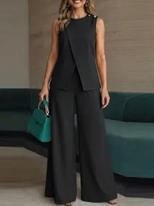 ZANZEA Women's Casual Chic Set Womenswear, Round Neck Buttoned Top, Sleeveless Irregular Hem, Vest Long Pants, Back Waist Elastic Design, Daily