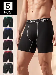 Men's 5 PCS/Pack Stretch Boxer Briefs, Long Leg No Ride Up Quick Dry Moisture Wicking Breathable Cooling Performance Underwear, Soft High Stretch Anti Chafe Sports Athletic Boxers for Men, Workout Running Cycling Gym, Big Tall Loose Fit Assorted Colors