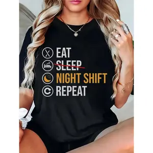 Women's Funny Night Shift T-Shirt | Eat Sleep (Crossed) Night Shift Repeat with Fork, Bed, Moon Icons | Ideal for Nurses, Healthcare Workers, Night Shift Pros Daily/Work Wear