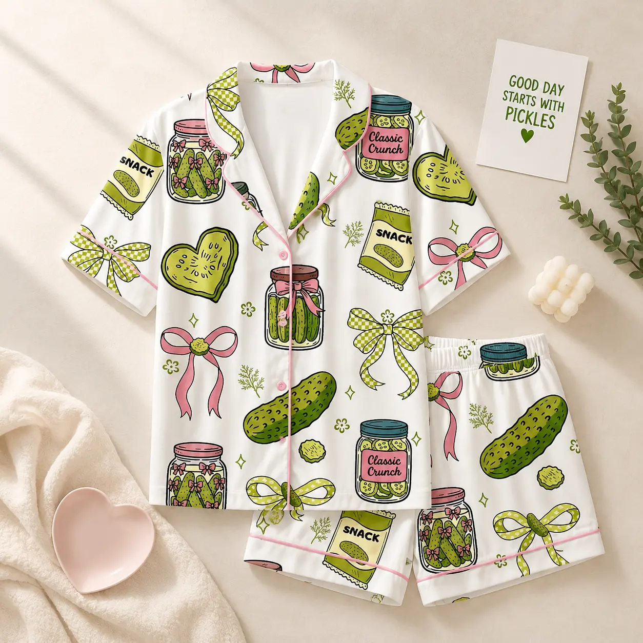 Pickle Jar Pajama Set, Cottagecore Coquette Sleepwear, Cute Pickle Lover Gift