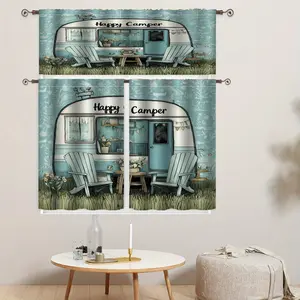 JOYFINITY 1pc/2pcs Happy Camper Vintage RV Kitchen Curtains - 100% Polyester Semi-Translucent Rod Pocket Curtains with Retro Camper Van Art, Nature-Inspired Design for Kitchen,