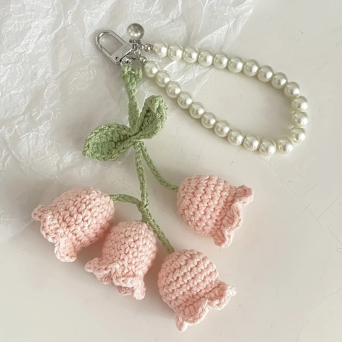 Handmade Crochet Lily-of-the-Valley Keychain for Women - Bohemian Artisan Style Cute Charm with Pearl Chain, Pastel Backpack/Bag Pendant, Decorative Birthday Gift Accessory, Keychains For Women, Cute Keychains