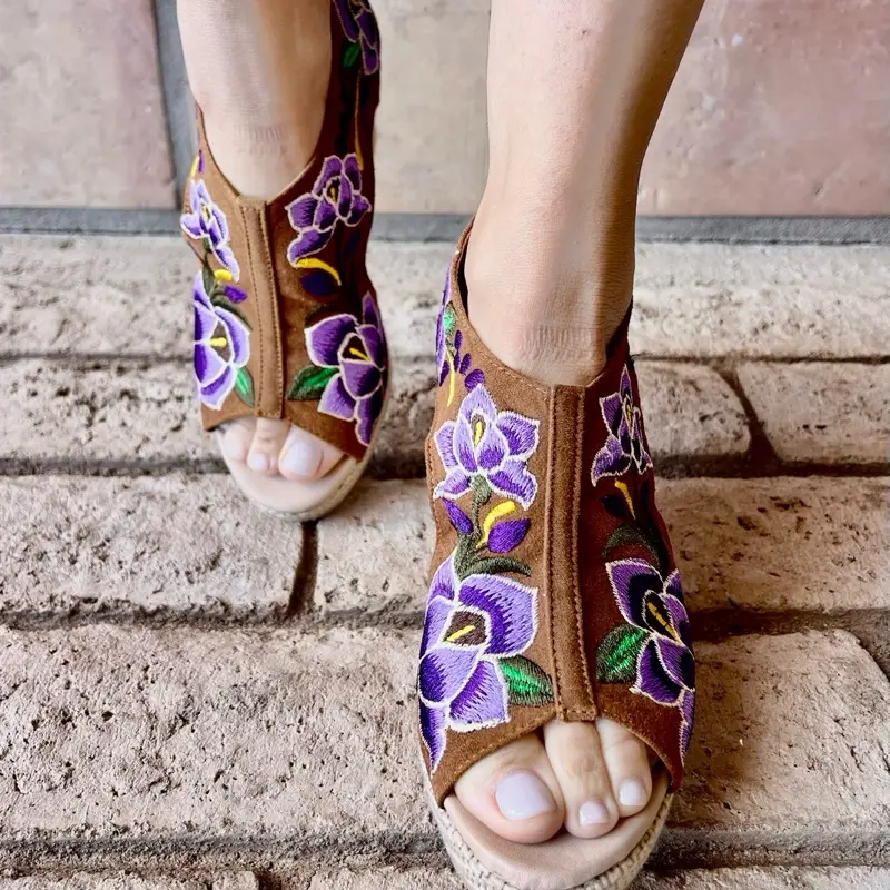 Beautiful Suede Embroidered Wedges Handmade in Chiapas Mexico with Purple Floral Design and Comfortable Wedge Sole