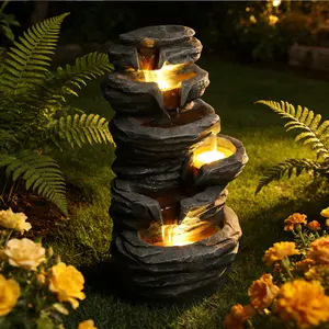 Outdoor LED-Lit Stacked Garden Stone Water Fountain, Resin Cascading Water Feature, Outdoor Furniture for Patio, Backyard Decor, Waterfountain