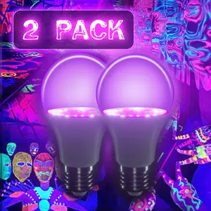 UV LED Black Light Bulb, 60 Watt Equivalent，A19 Light Bulb UVA Level 385-400nm, E26 Blacklight for Body Paint, Party, Halloween, Fluorescent Poster, 2 Pack