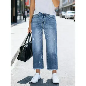 Women’s relaxed-fit distressed straight-leg jeans with a comfortable ripped wash and frayed hem—trendy denim streetwear