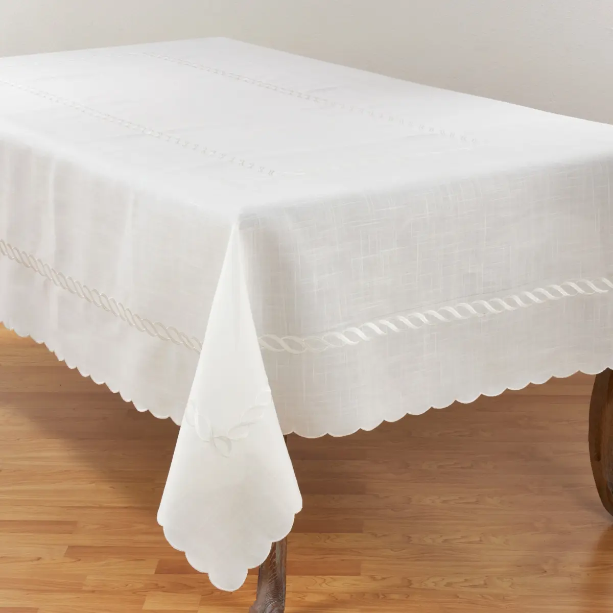 SARO 1064.W67160B Linen-Polyester Blend Dining Table Cover - 67"x160" White, Abstract Braids Embroidered Design, Rustic Print, Luxe Texture, Machine Washable, Cool Iron Compatible, Home Kitchen Linen, 67" X 160"