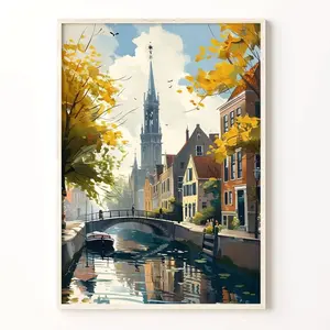 Delft Netherlands Watercolor Art Print: Canal Scene Home Decor L