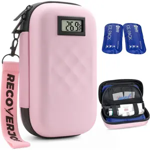 TSA Approved Insulin Cooler Travel Case Diabetic Medication Bag With Thermometer Temperature Display Medication Diabetic Cooler Travel Medicine Organizer Bag for women & 2 Ice Pack-Pink