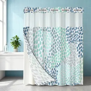 1PC double-layer large ring shower curtain, blue-green water droplet pattern background, shower curtain, high-end quick drying hanging curtain, bathroom, curtain, waterproof, anti mold curtain, Bathroom Supplies