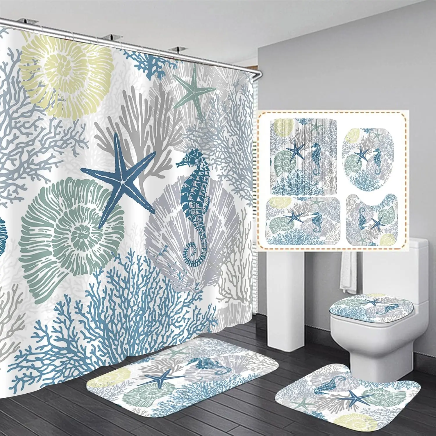 4 Pcs Beach Shower Curtain Set Blue Ocean Bathroom Sets with Shower Curtain and Rugs Seahorse Shower Curtains Set Seashell Starfish Bathroom Decor Accessories Coral Bathroom Rugs Set