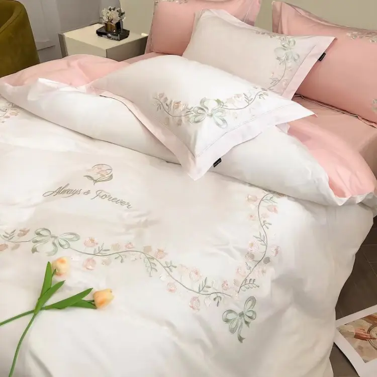 Queen Cotton Duvet Cover Set 3Pcs Embroidery Comforter Cover 2 Pillowcases Pink
