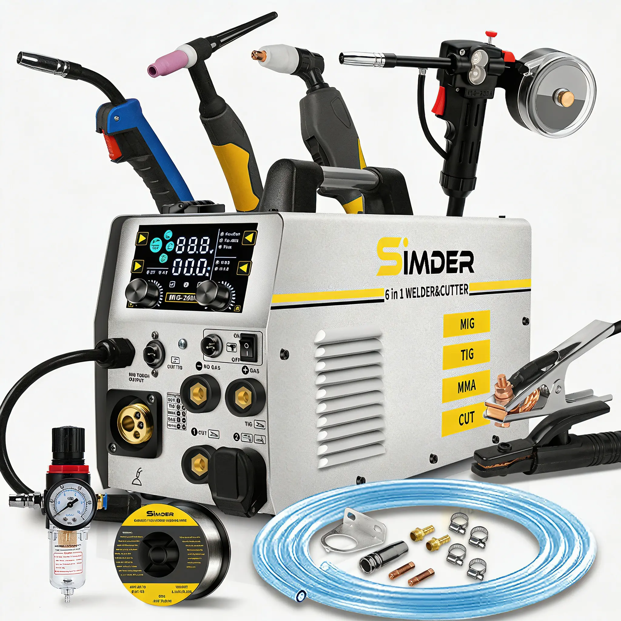 6in1 MIG Welder with Spool Gun 160A Plasma Cutter Combo S Simder Gas MIG/Flux Core/Spool Gun/Lift TIG/Stick/Plasma Cutting multipurpose soldadura welder Machine, Dual Voltage 110V 220V, LCD Display, for Professional, Workshop, Home  & Industrial Use