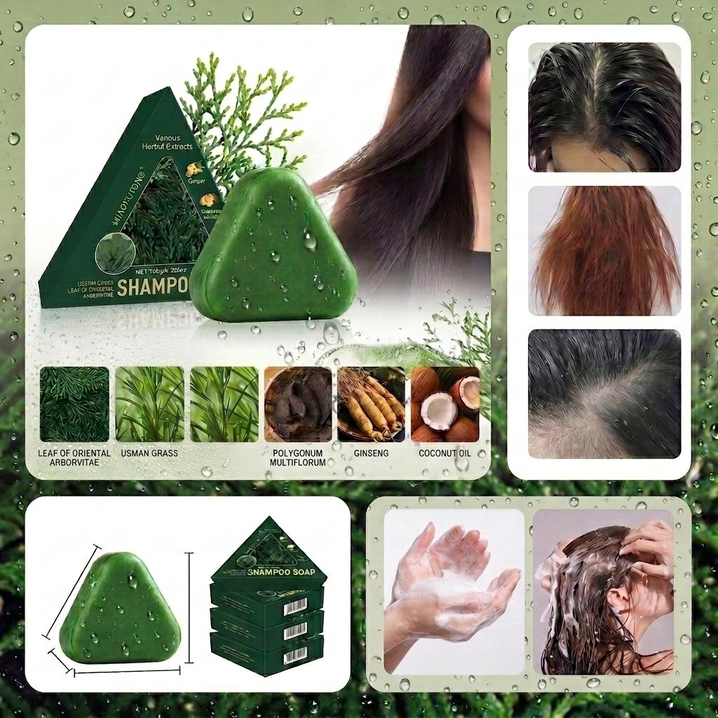 Miao Fu Tong Natural Triangular Shampoo Bar 120g - Seven-Green Soap Shampoo with Osmanthus Herbal Extracts for All Hair Types