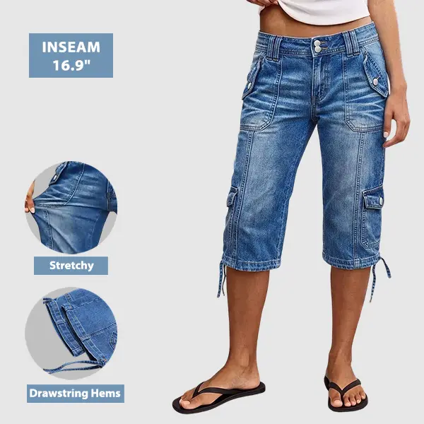 Flamingals Wash Flap Pocket Drawstring Hem Mid Waist Straight Leg Capri Jeans Womenswear Stretchy 16.9" Inseam