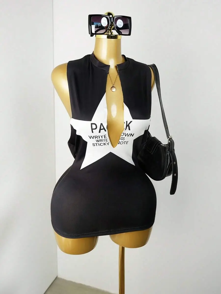 Lumina x Mistrie New Autumn Star Print Mini Dress, Sexy Hollow Out Contrast Color Design For Women