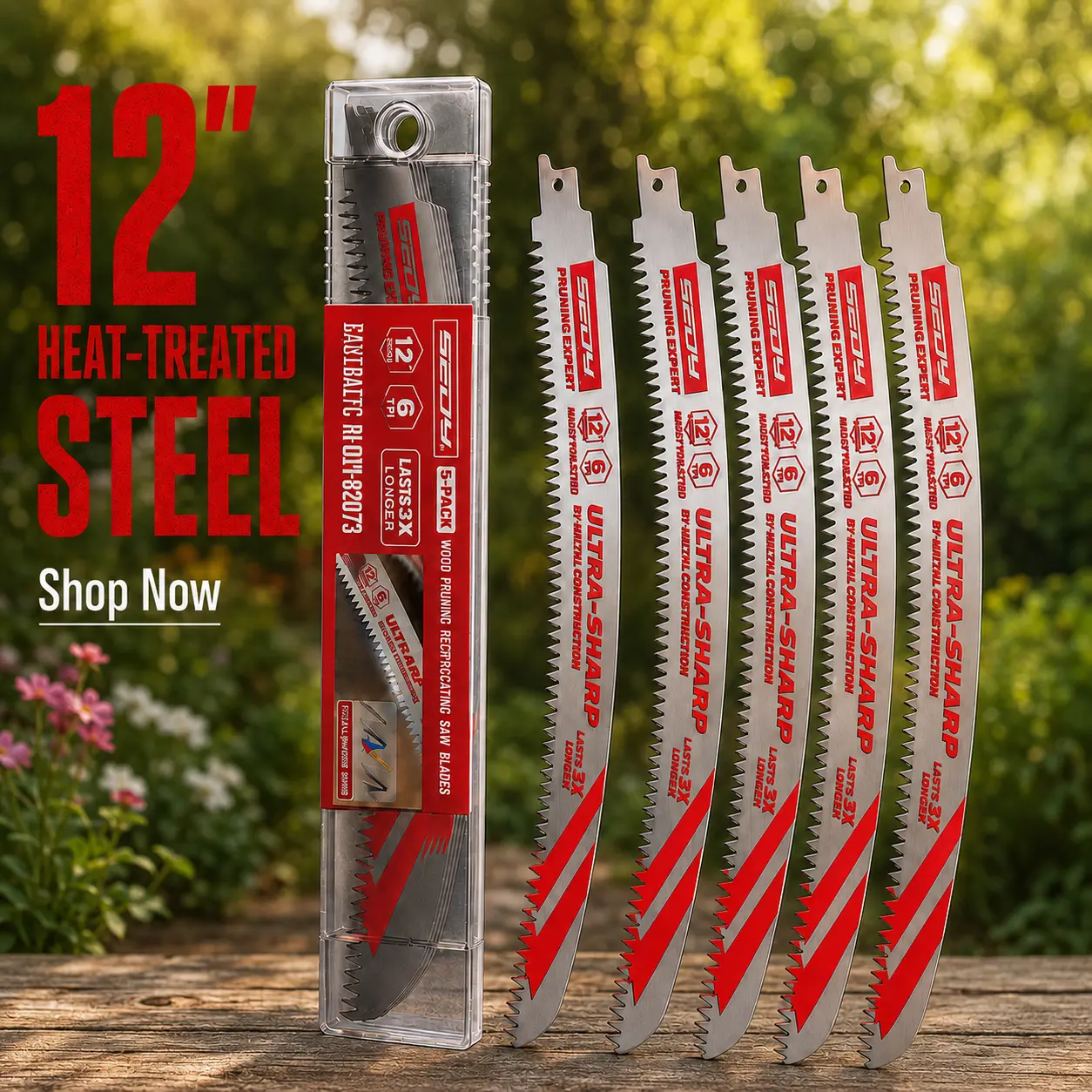 Japanese Teeth Reciprocating Saw Blades, 12 or 15 Inch, 6TPI Arc Edge Wood Pruning Saw Blades Set with Storage Box for Tree Trimming, Wood Cutting, 5 Pack High Quality Steel Tool