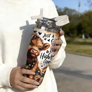 30oz Stainless Steel Handheld Pot, Cute Cow Print Design, Dual-Layer Vacuum Insulated Cold & Warm, Portable Travel Mug with Lid, Stainless Tumbler