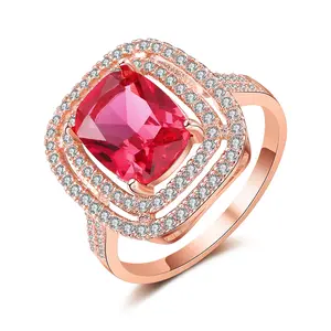 Mytys Red Cushion Cut Crystal Halo Ring For Women Statement Ring With Double Row Accents