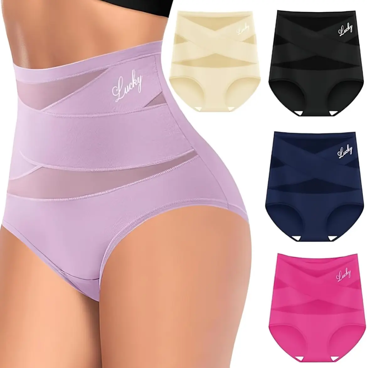 Women's High-Waist High-Cut Seamless Mesh Panties (Pack of 3) - Comfortable Fabric Shapewear Briefs, Slimming Lingerie for Women, Lightweight, Breathable, Smooth, Fitted Basic Everyday Underwear
