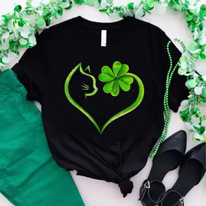 Cat On Four Leaf Clover Heart Shirt, Happy St Patricks Day Shirt for Cat Lover, Clover Tee, Lucky Shirt, Irish Cat Mom Shirt