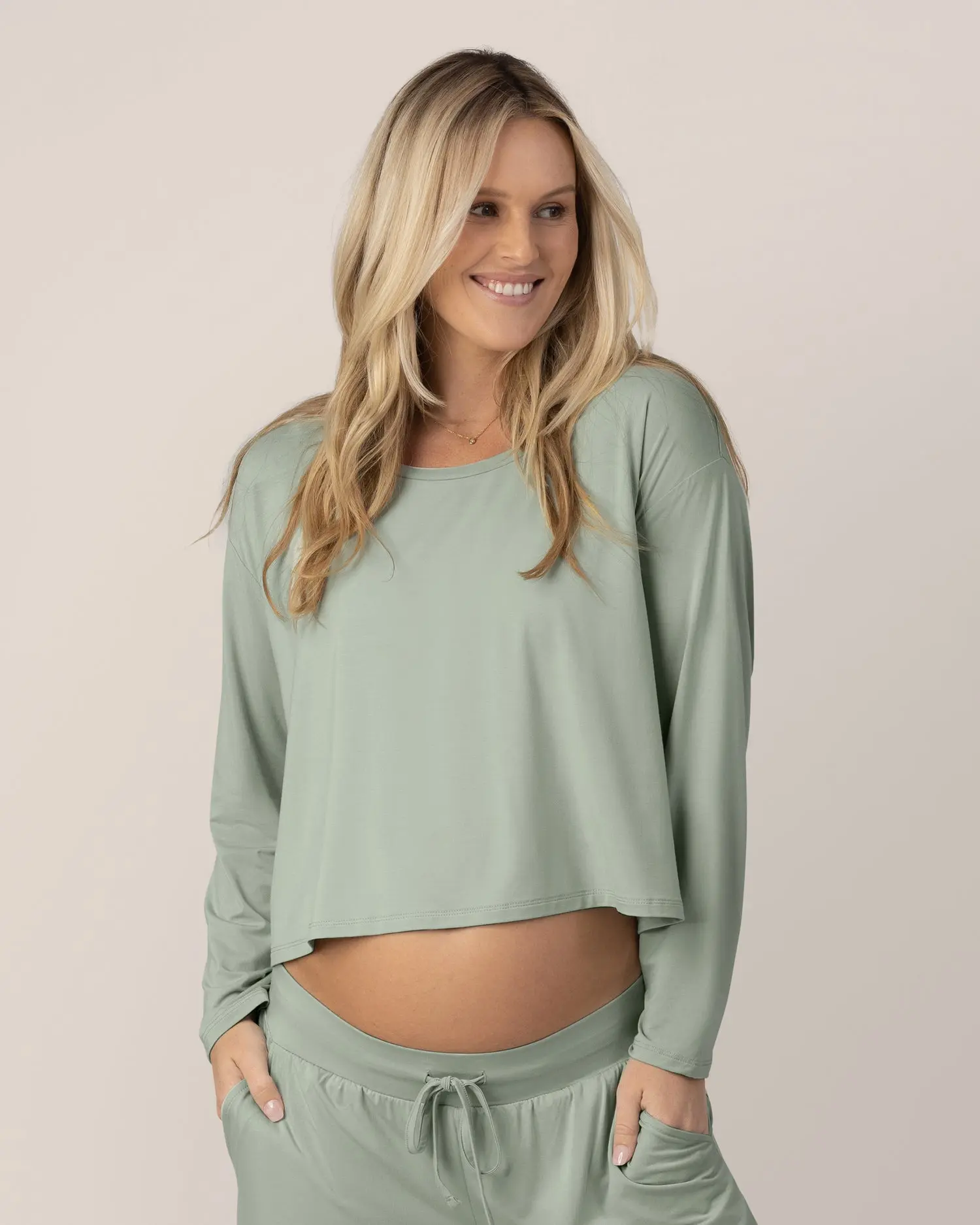 Aria Bamboo Casual Cropped Long Sleeve Top | Aqua Mist