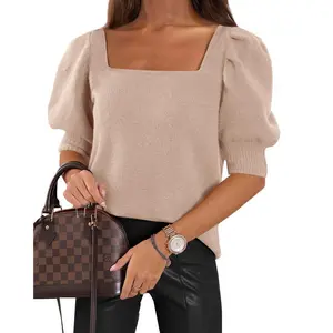 Imily Bela Women's Puff Short Sleeve Sweater Tops 2024 Spring Summer Trendy Crew/Square/V Neck Casual T Shirts Blouses