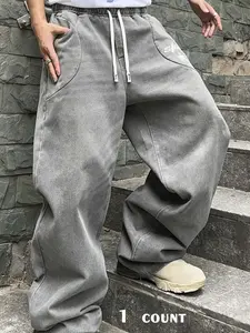 Men's Vintage Wash Drawstring Casual Sweatpants, Star Print, Comfortable Loose Fit, Street Style Streetwear, Retro Trendy Fashion, Trouser