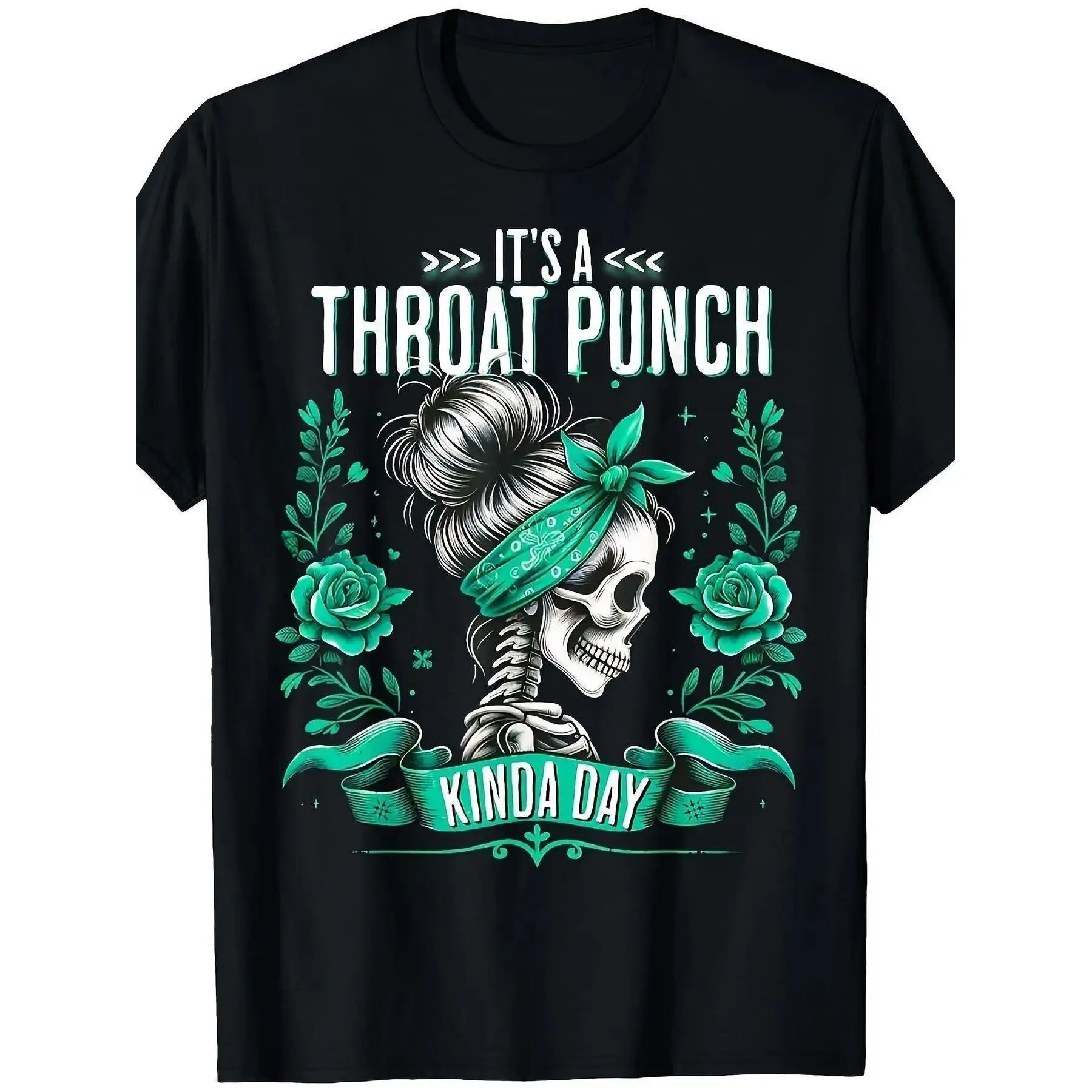 Vintage Tattoo Style Skull & Green Rose Plus Size Tee| It's A Throat Punch Kinda Day Bandana Skeleton Graphic Unisex Casual Daily Tshirt