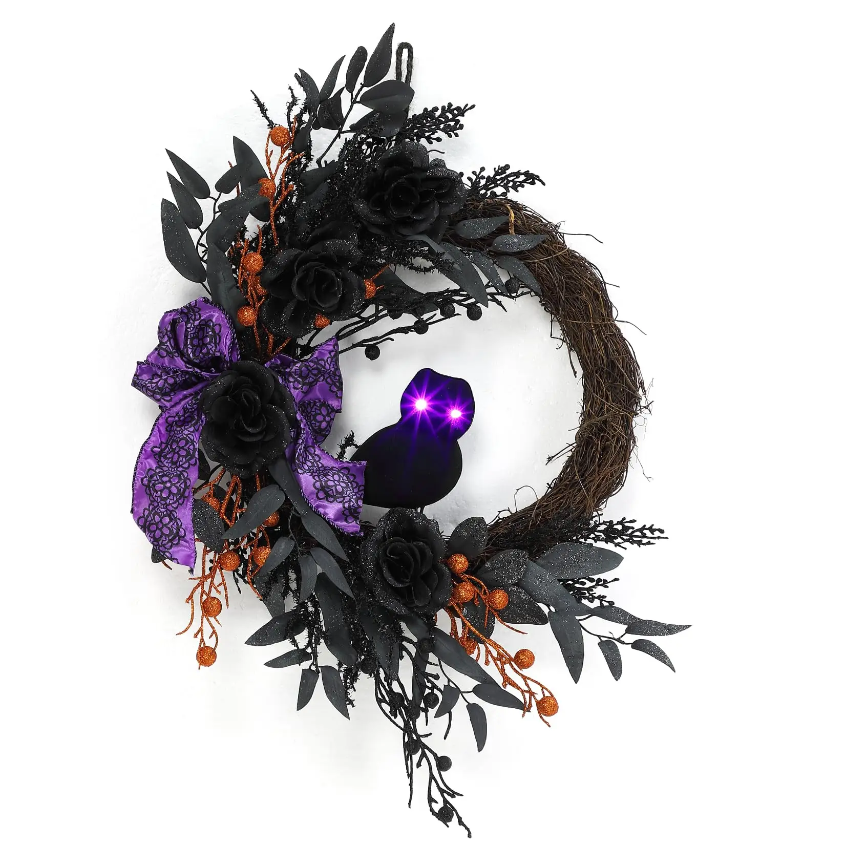Garvee Halloween Wreaths for Front Door，22 Inch Black Outdoor Halloween Wreath with Lighted Owl Decorations for Door Porch Wall Outdoor Indoor Party Home Decor